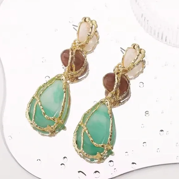 Zara Gold Green Stone Drop Earrings - Picture 7 of 10